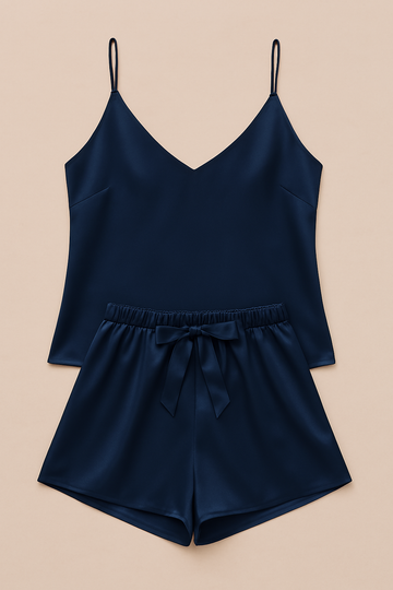 Satin Sleepwear Set – Luxe Camisole &amp; Shorts in Navy, Maroon &amp; Black | Silky Soft, Elegant FitSatin Sleepwear Set – Luxe Camisole &amp; Shorts in Navy, Maroon &amp; Black | Silky Soft, Elegant Fit - Navy Blue