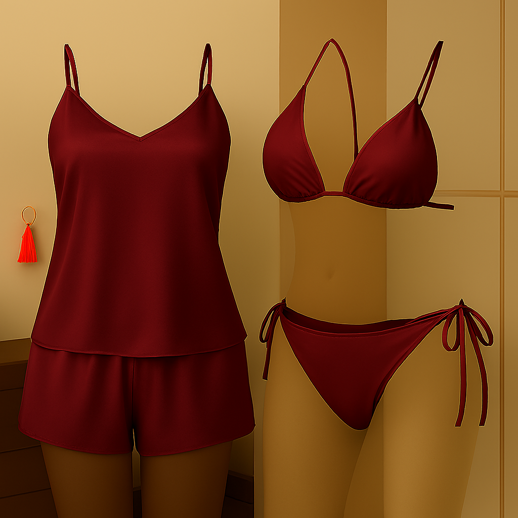 Premium Satin Sleepwear &amp; Lingerie Combo for Women | Camisole, Shorts &amp; Halter Bikini | Free Size | (DC-4002) - Maroon