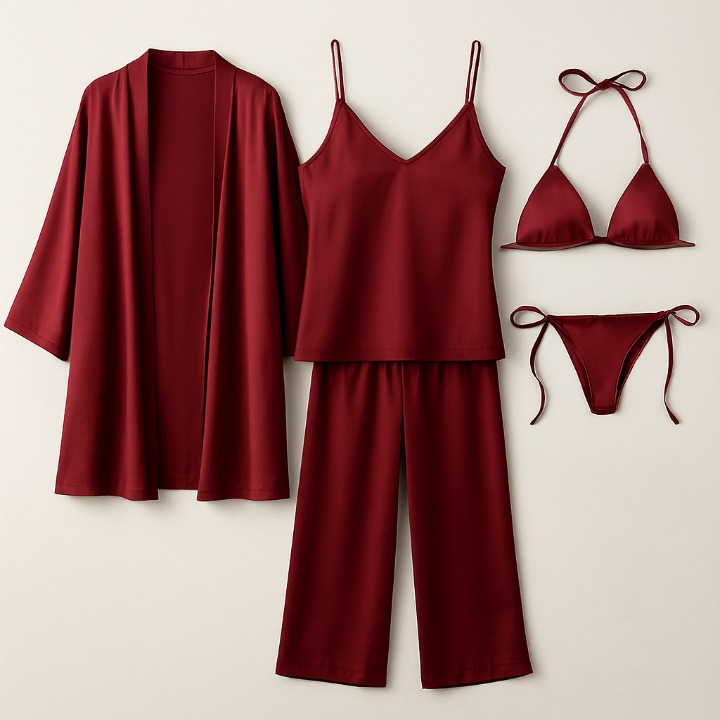 5-Piece Satin Sleepwear Set – Robe, Camisole, Pants &amp; Bikini Nightwear ( DC-5002) - Maroon