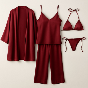 5-Piece Satin Sleepwear Set – Robe, Camisole, Pants &amp; Bikini Nightwear ( DC-5002) - Maroon