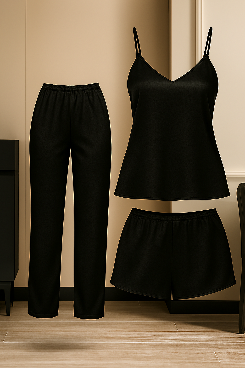  3-Piece Satin Sleepwear Set for Women | Camisole with Pajama &amp; Shorts Combo | Free Size 28–38 | Available in Maroon, Black &amp; Blue (DC-3005) - Maroon