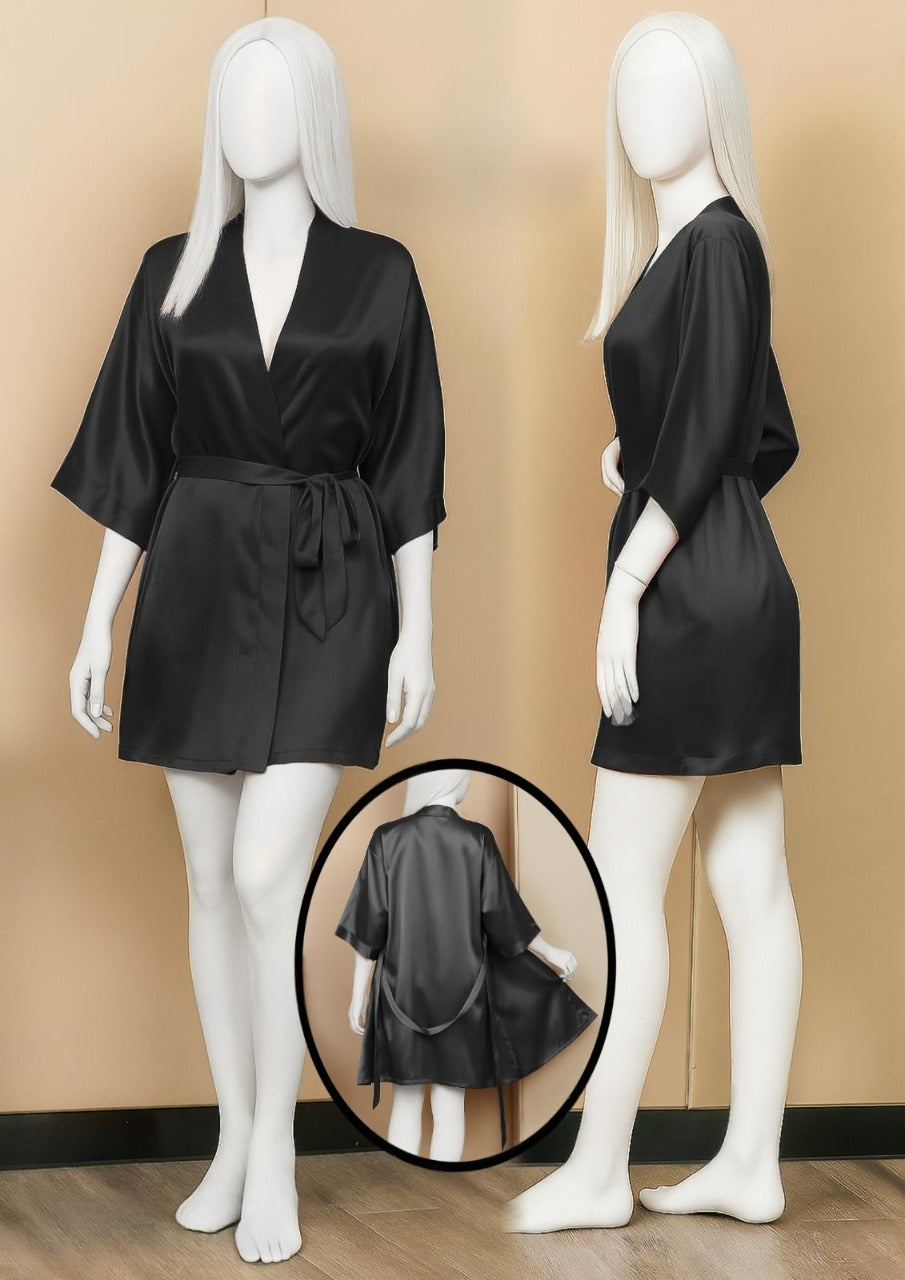 Satin Gown/Robe – Short Length with Waist Tie (DC-1001) - Black