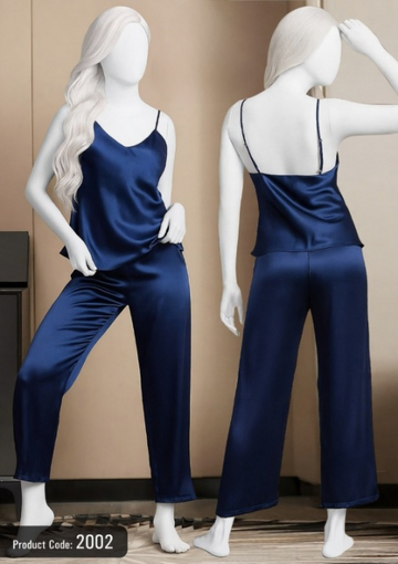Satin Sleepwear Set – Spaghetti Top &amp; Loose Trouser – Free Size (2002) - Blue