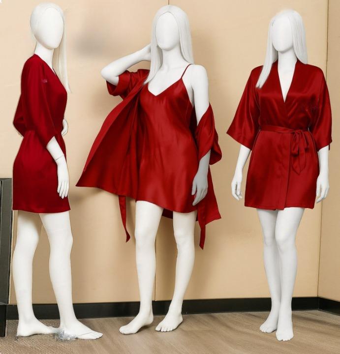 Premium Satin Sleepwear Set – Robe &amp; Spaghetti Strap Nightdress Combo for Women – Free Size (DC-2004) - Maroon